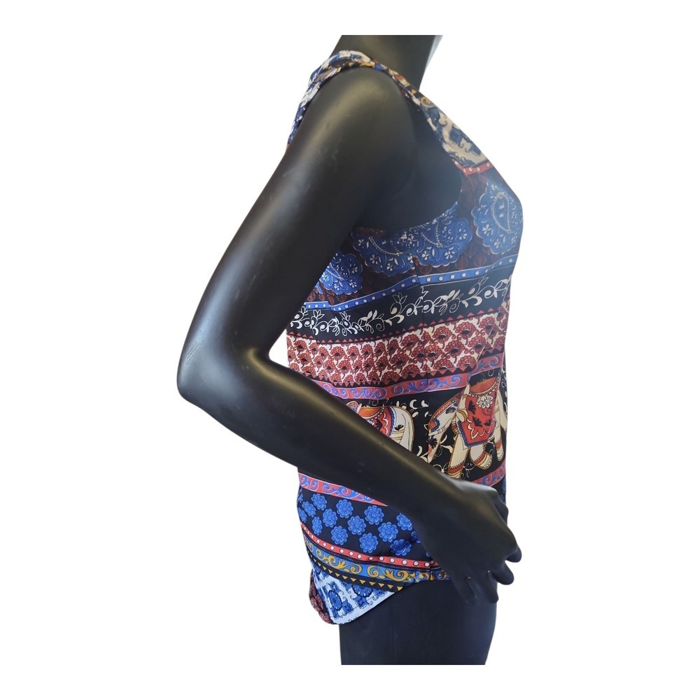 Manhattan Blues Tunic Top‎ S Boho Ethnic Elephant Print Sleeveless Curved Hem - Picture 3 of 10